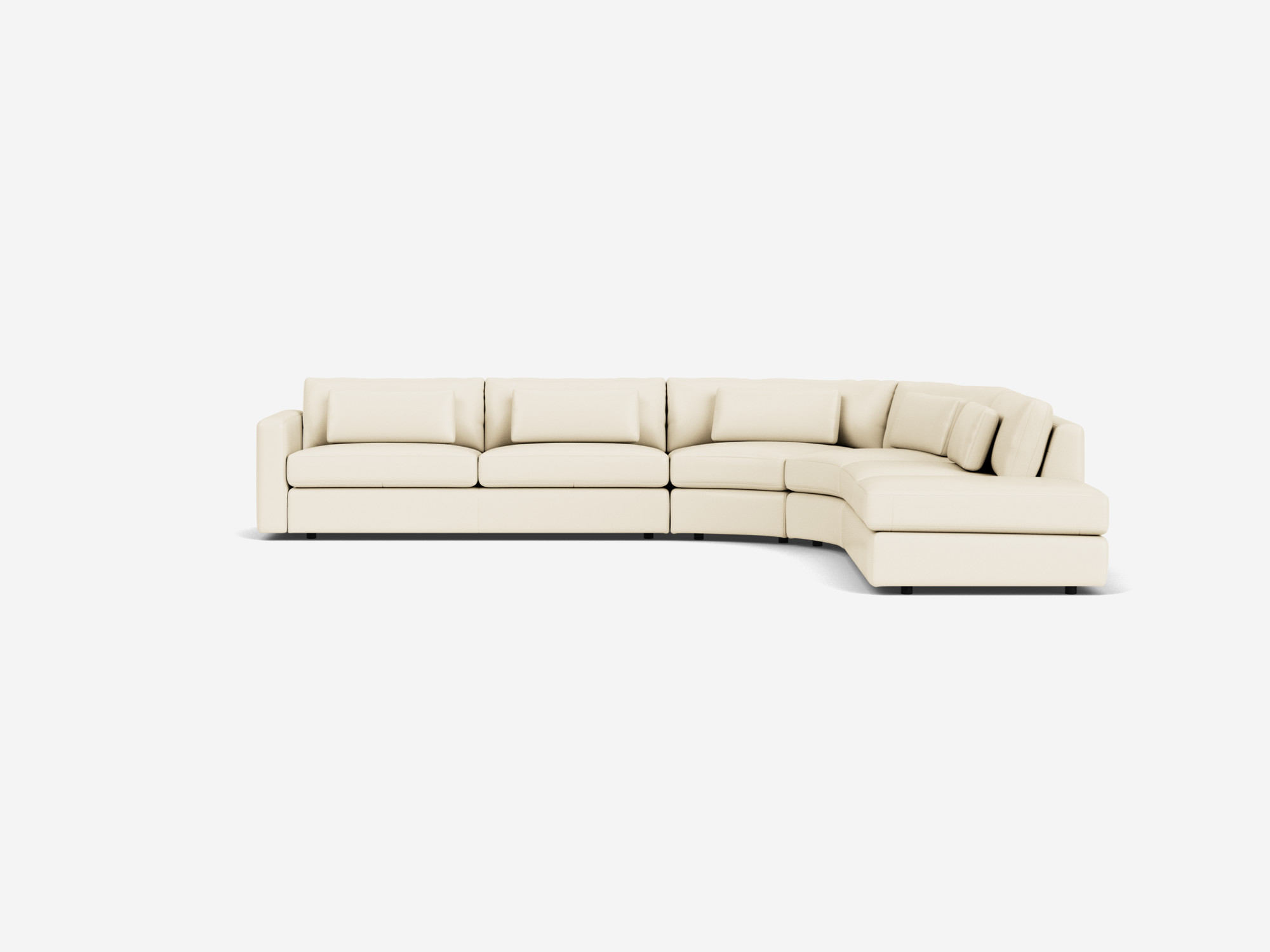 Front view of white curved leather sectional sofa with right hand chaise